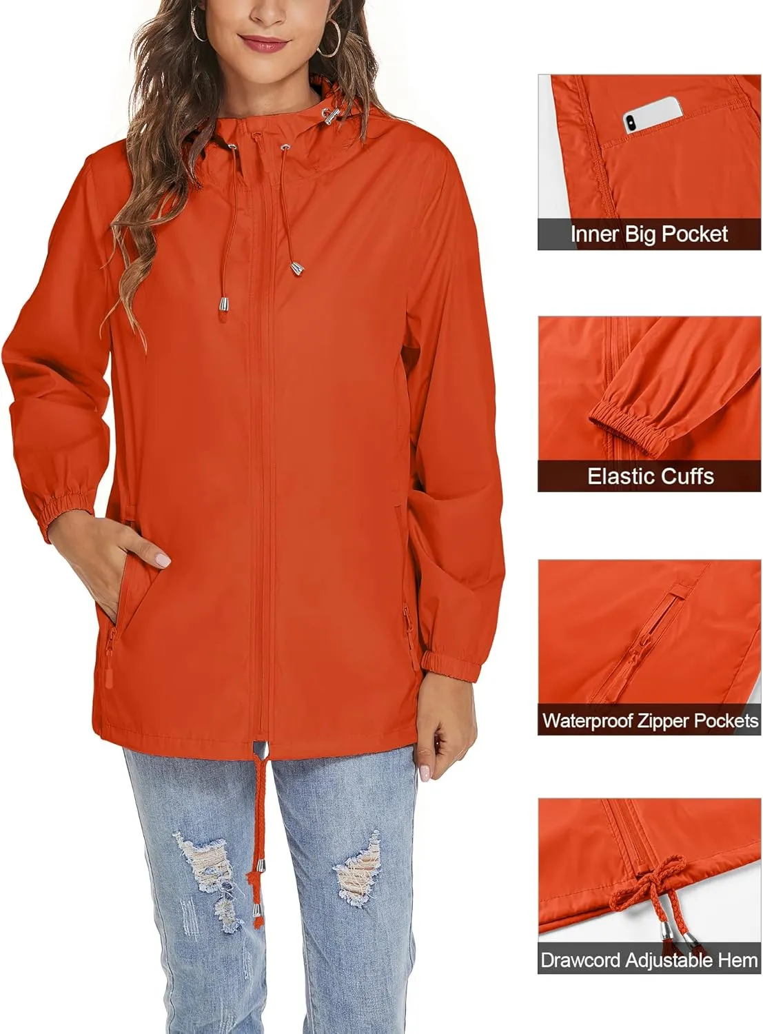 Avoogue Womens Waterproof Raincoat Lightweight Breathable Rain Jacket Hooded Rain Coat Outdoor Active Windbreaker with Pocket