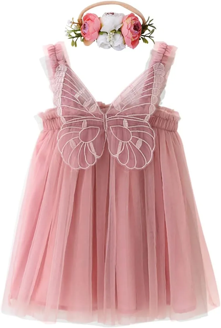 Baby Girls Tulle Tutu Sleeveless Backless Dress with Flower Headband Birthday Party Princess Summer Beach Sundress Skirt Set