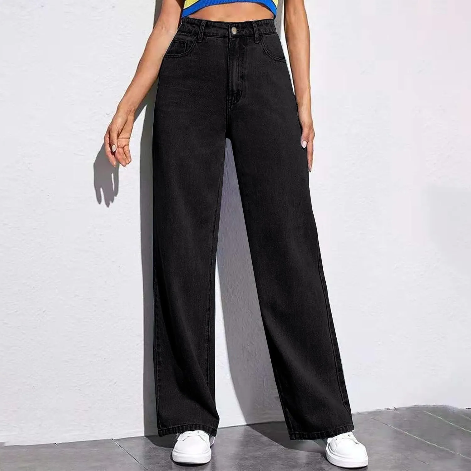 Baggy Pants for Women 2025 Trendy Soild Color Stretchy Wide Leg Jeans y2k Plus Size High Waisted Trousers with Pockets