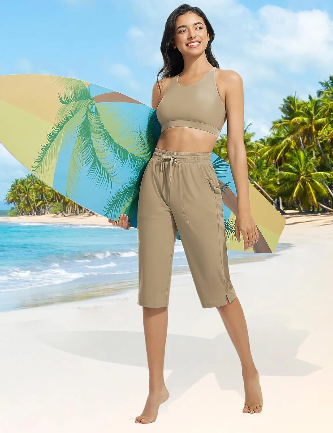 baleaf Women's Long Shorts Quick Dry 15" Swim Pants with Liner UPF50  Swim Capris with Pockets