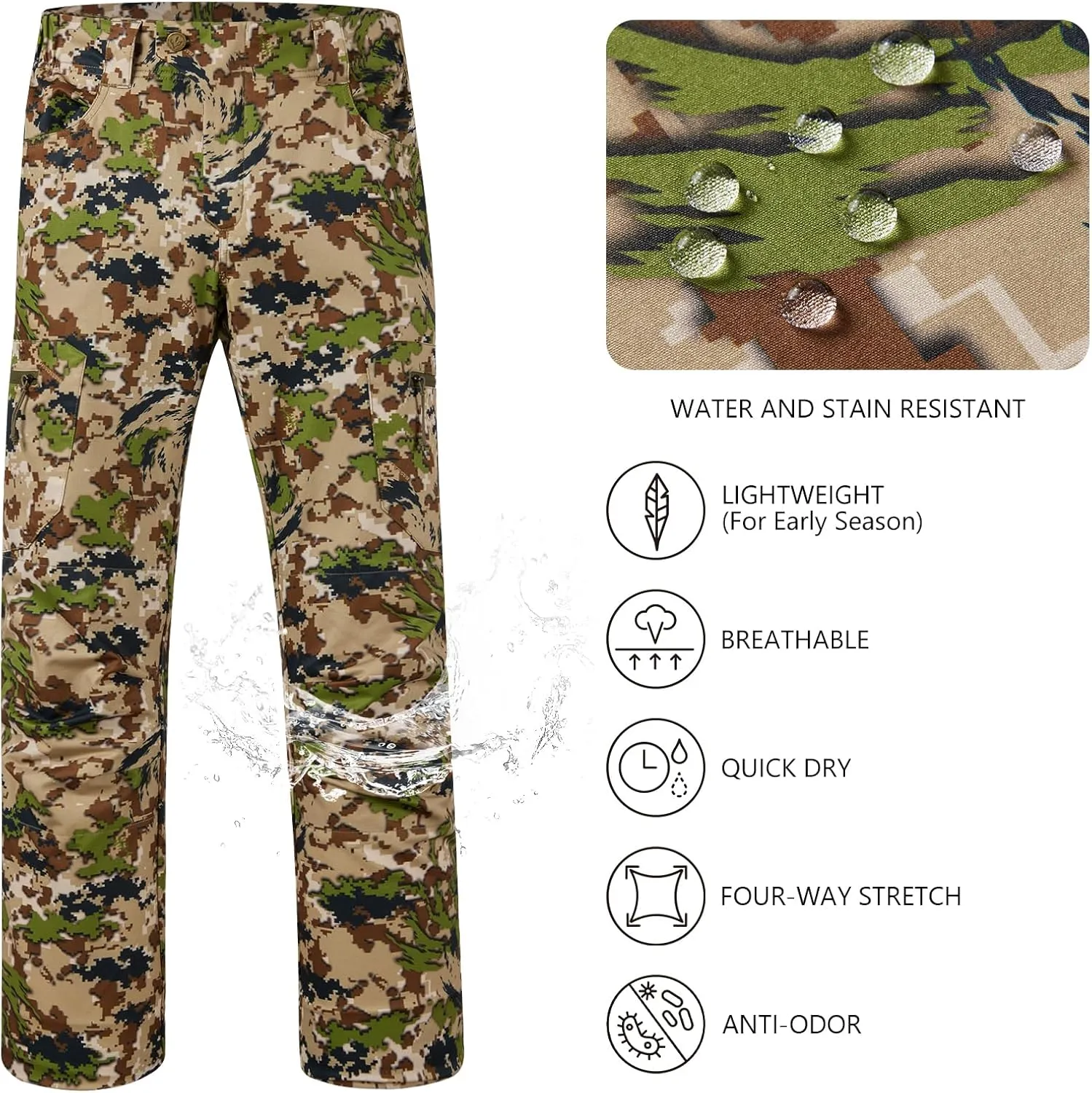 BASSDASH Mens Lightweight Hunting Pants 4-Way Stretch Breathable Water Resistant for Turkey Early Season Spring Summer
