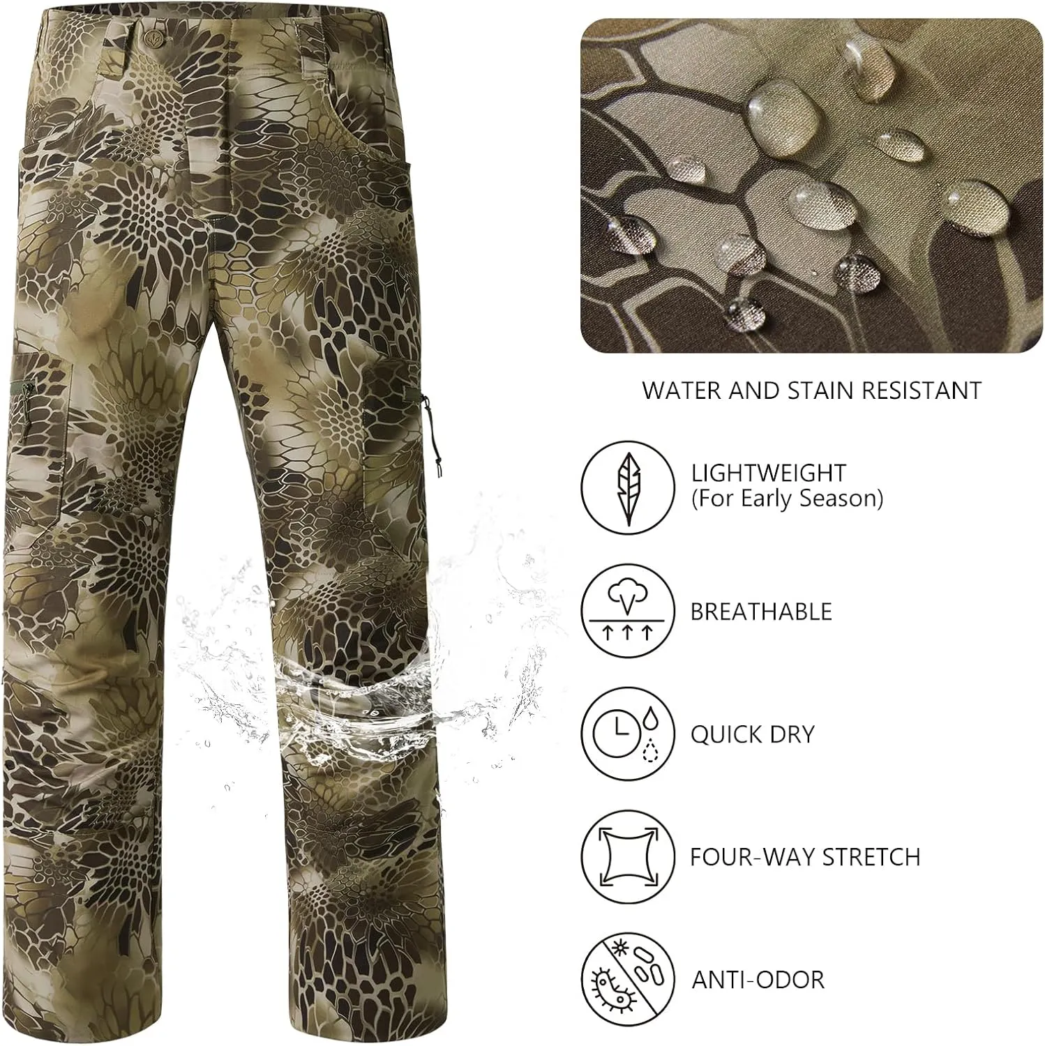 BASSDASH Mens Lightweight Hunting Pants 4-Way Stretch Breathable Water Resistant for Turkey Early Season Spring Summer