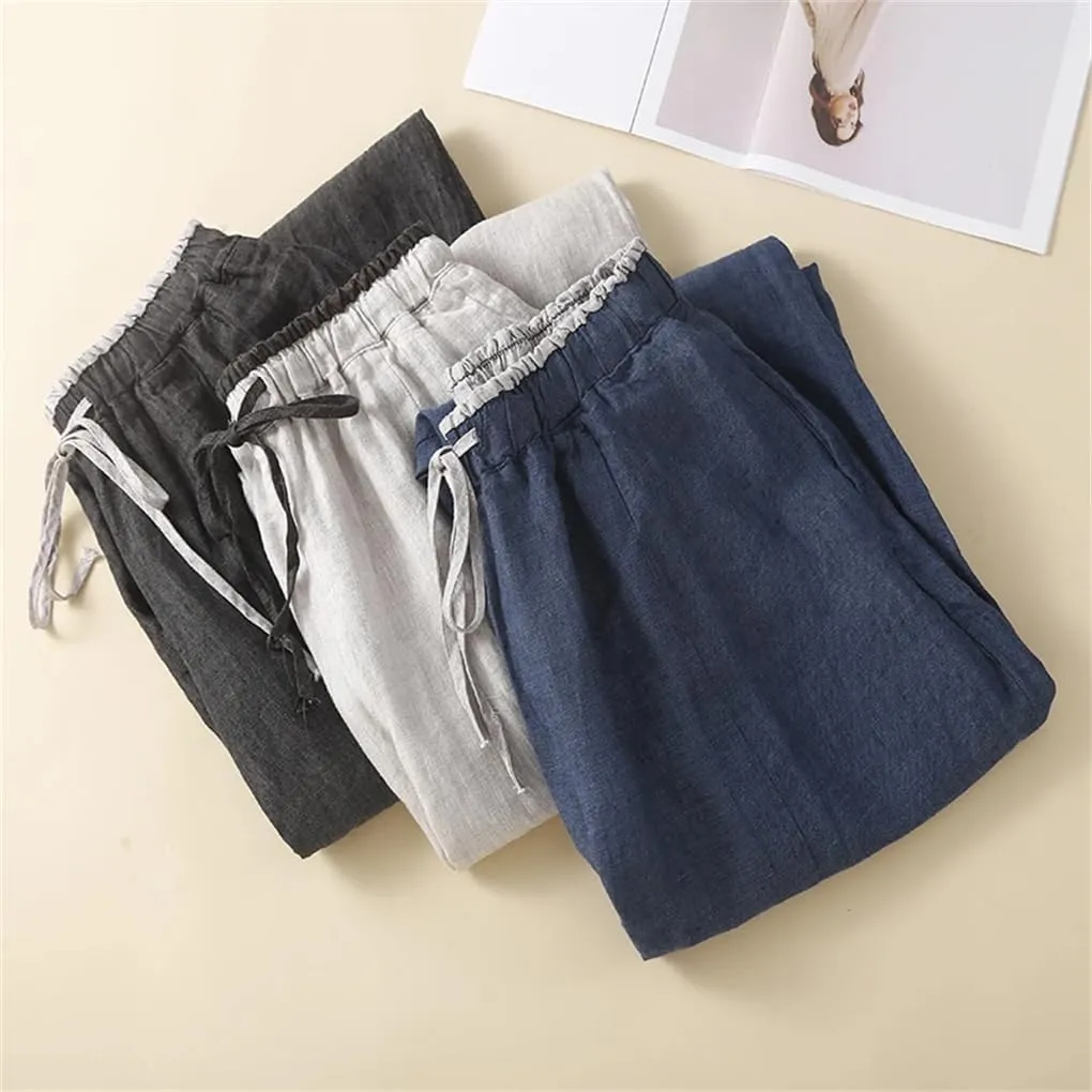 Bciopll Women Cotton Linen Harem Pants Summer Thin Lace Up Elastic Waist Ankle-Length Trousers