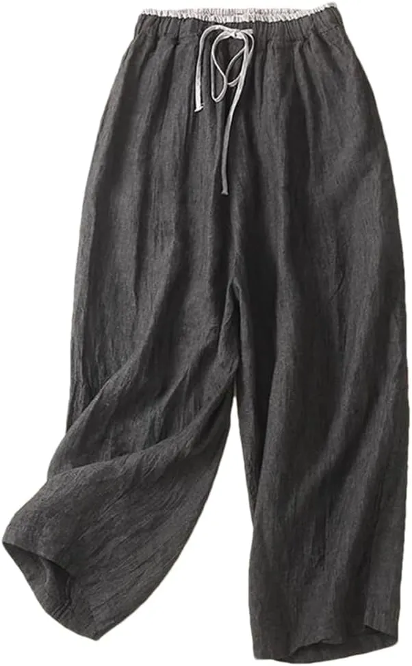 Bciopll Women Cotton Linen Harem Pants Summer Thin Lace Up Elastic Waist Ankle-Length Trousers