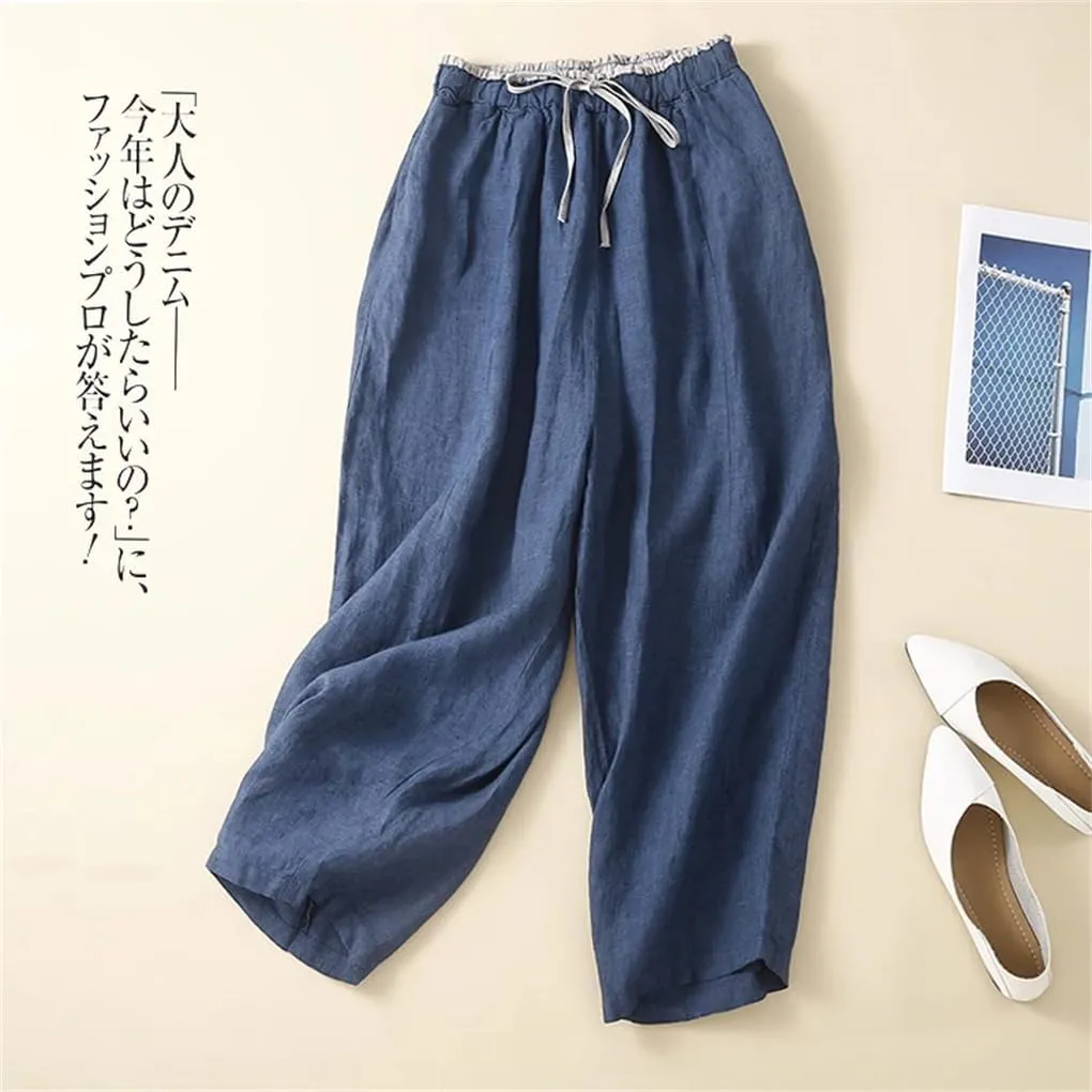 Bciopll Women Cotton Linen Harem Pants Summer Thin Lace Up Elastic Waist Ankle-Length Trousers
