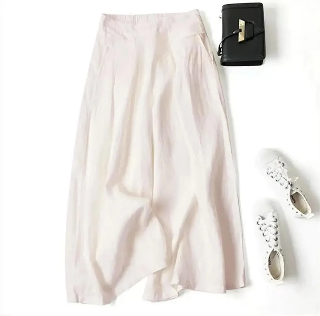 Bciopll Women Summer Pleated Linen Wide Leg Pants Elastic Waist Solid Casual Loose Boot Cut Pantalon