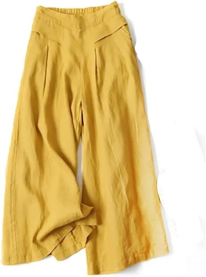 Bciopll Women Summer Pleated Linen Wide Leg Pants Elastic Waist Solid Casual Loose Boot Cut Pantalon