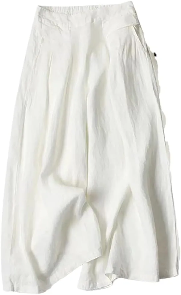 Bciopll Women Summer Pleated Linen Wide Leg Pants Elastic Waist Solid Casual Loose Boot Cut Pantalon