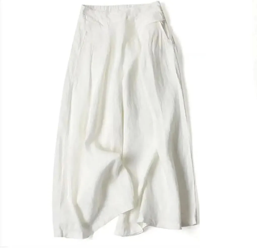 Bciopll Women Summer Pleated Linen Wide Leg Pants Elastic Waist Solid Casual Loose Boot Cut Pantalon