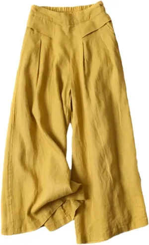 Bciopll Women Summer Pleated Linen Wide Leg Pants Elastic Waist Solid Casual Loose Boot Cut Pantalon