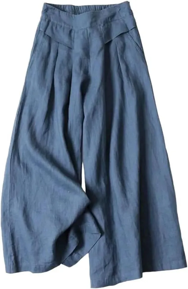 Bciopll Women Summer Pleated Linen Wide Leg Pants Elastic Waist Solid Casual Loose Boot Cut Pantalon