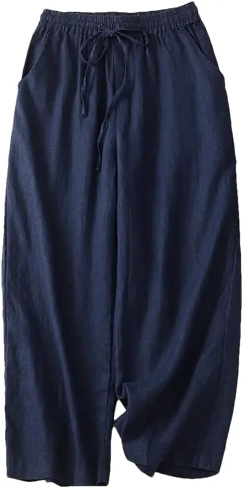 Bciopll Women Vitnage Cotton Linen Calf-Length Casual Pants Drawstring Elastic Waist Wide Legs Trousers Summer