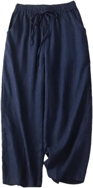 Bciopll Women Vitnage Cotton Linen Calf-Length Casual Pants Drawstring Elastic Waist Wide Legs Trousers Summer