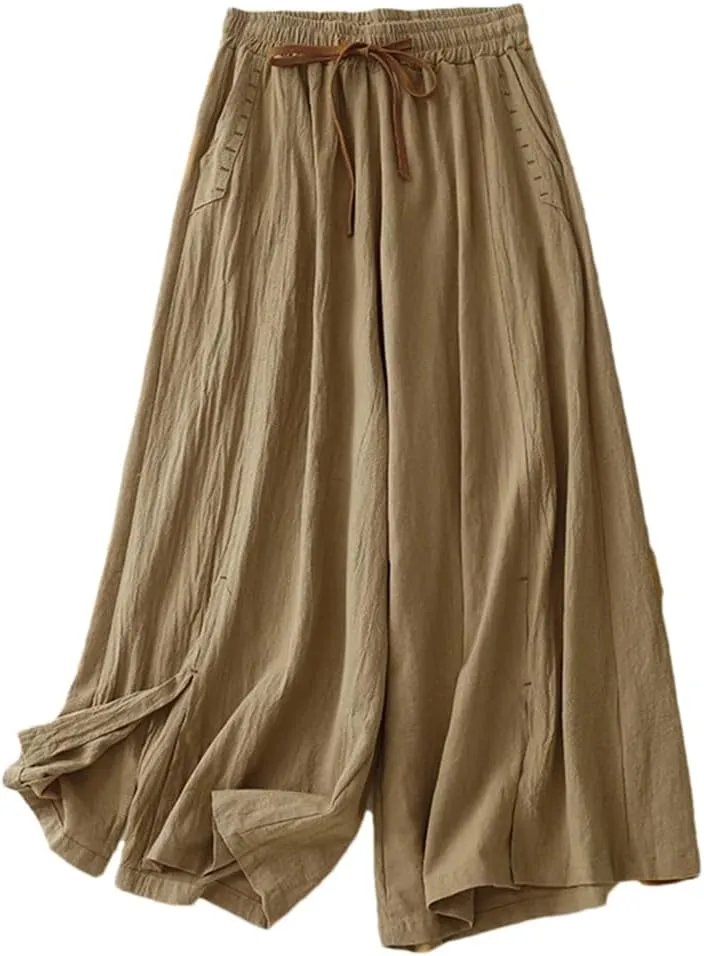 Bciopll Women's Cotton Linen Solid High Waist Wide Leg Pants Summer Loose Casual Lace-Up Trouser