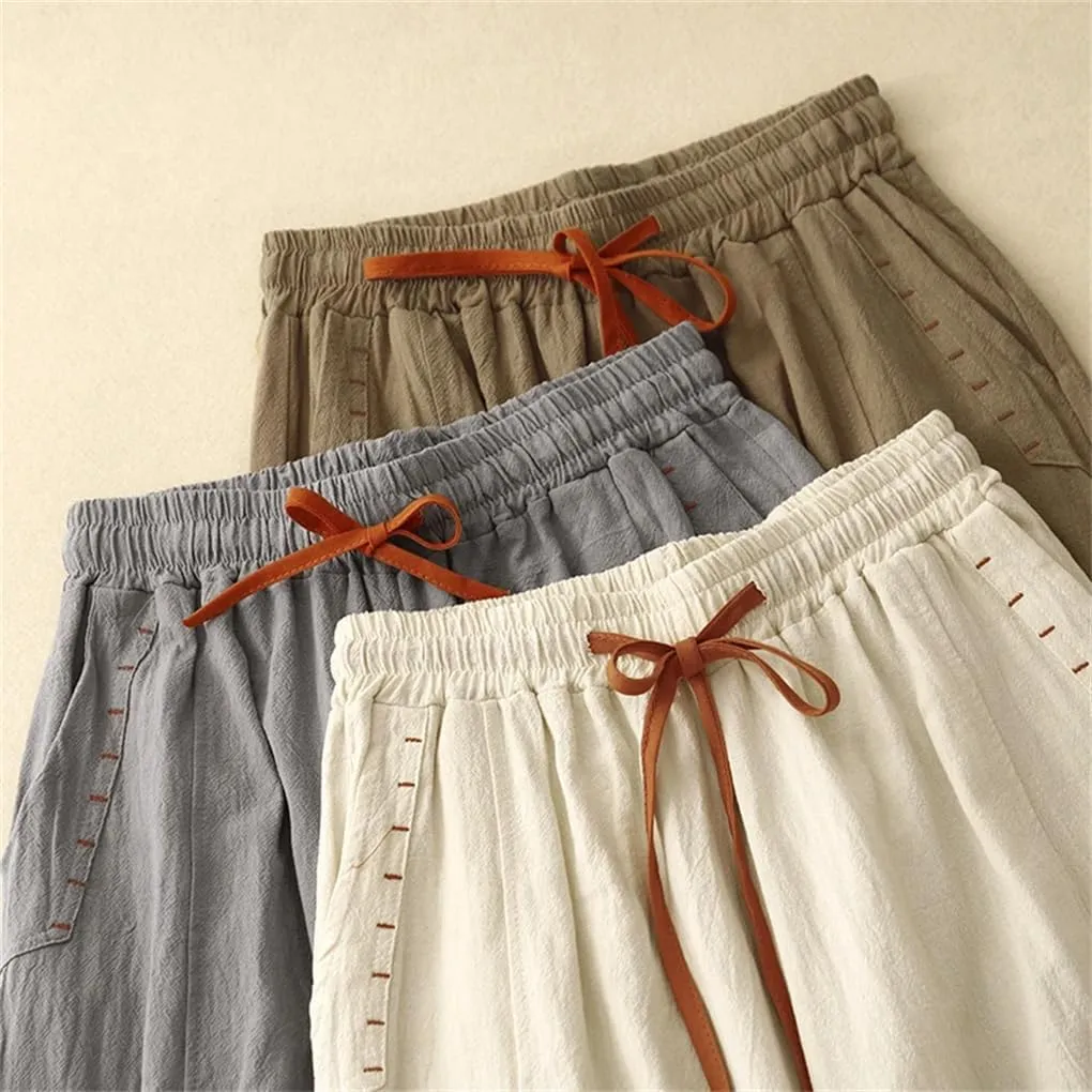 Bciopll Women's Cotton Linen Solid High Waist Wide Leg Pants Summer Loose Casual Lace-Up Trouser