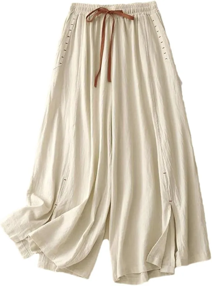 Bciopll Women's Cotton Linen Solid High Waist Wide Leg Pants Summer Loose Casual Lace-Up Trouser