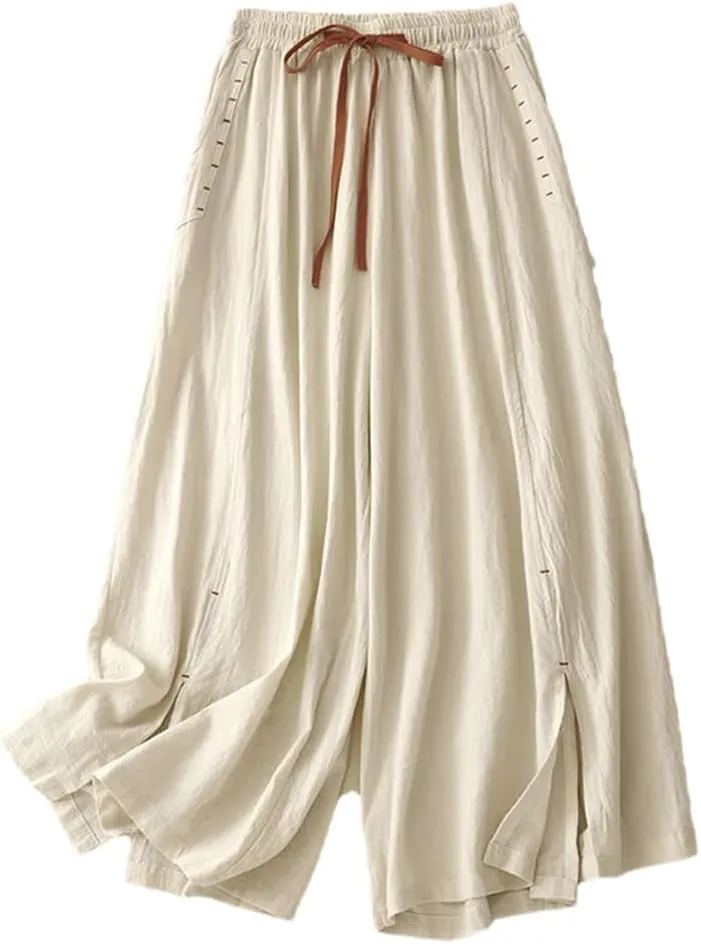 Bciopll Women's Cotton Linen Solid High Waist Wide Leg Pants Summer Loose Casual Lace-Up Trouser