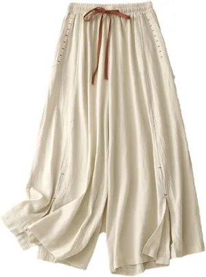 Bciopll Women's Cotton Linen Solid High Waist Wide Leg Pants Summer Loose Casual Lace-Up Trouser