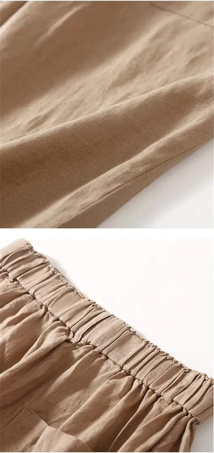 Bciopll Women's Loose Pocket Wide Legs Cotton Linen Pants Casual Solid Cropped Trousers Elastic Waist Linen Pants Summer
