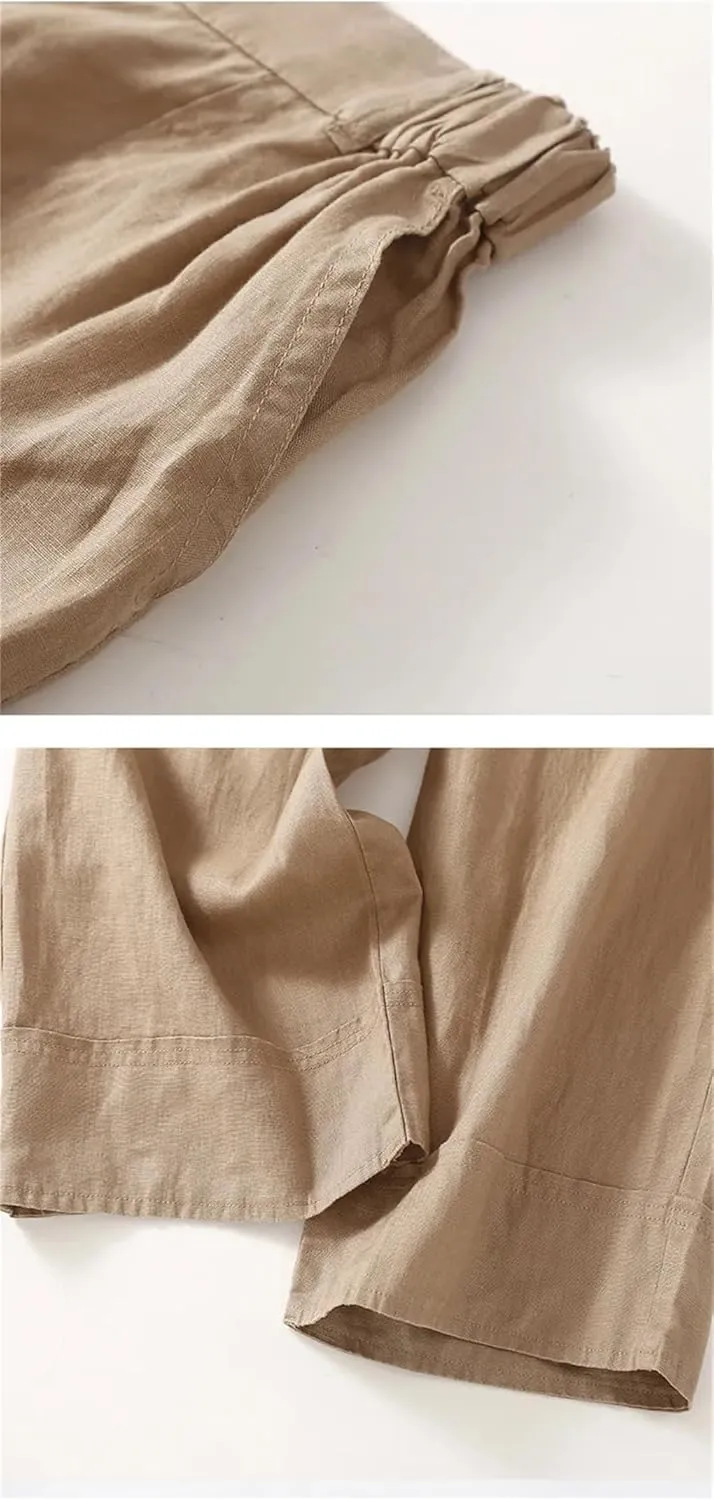 Bciopll Women's Loose Pocket Wide Legs Cotton Linen Pants Casual Solid Cropped Trousers Elastic Waist Linen Pants Summer