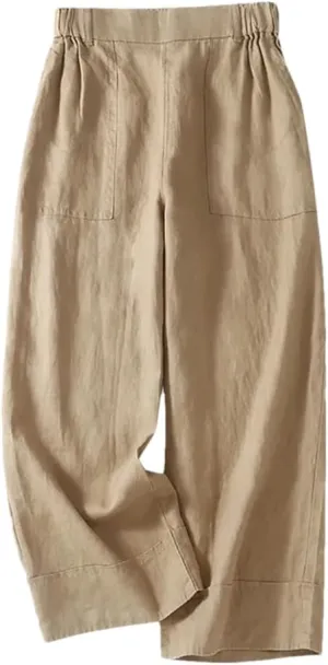 Bciopll Women's Loose Pocket Wide Legs Cotton Linen Pants Casual Solid Cropped Trousers Elastic Waist Linen Pants Summer