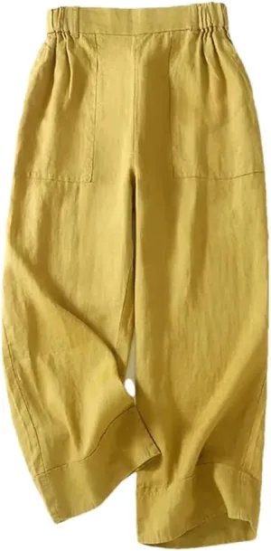 Bciopll Women's Loose Pocket Wide Legs Cotton Linen Pants Casual Solid Cropped Trousers Elastic Waist Linen Pants Summer