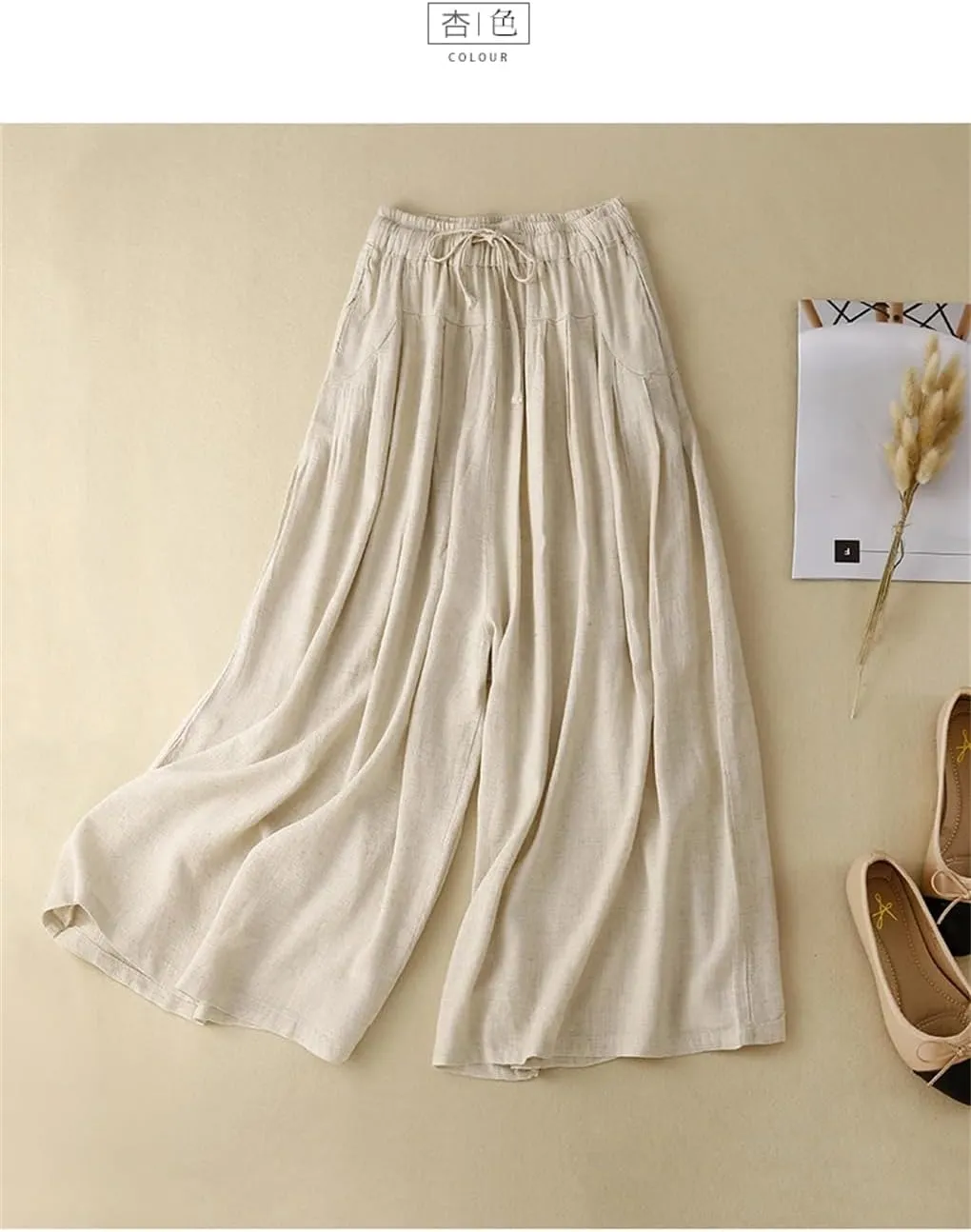 Bciopll Women's Summer Retro Cotton Linen Casual Pants Loose Wide-Leg Skirt Pants Solid Color Trousers with Pockets