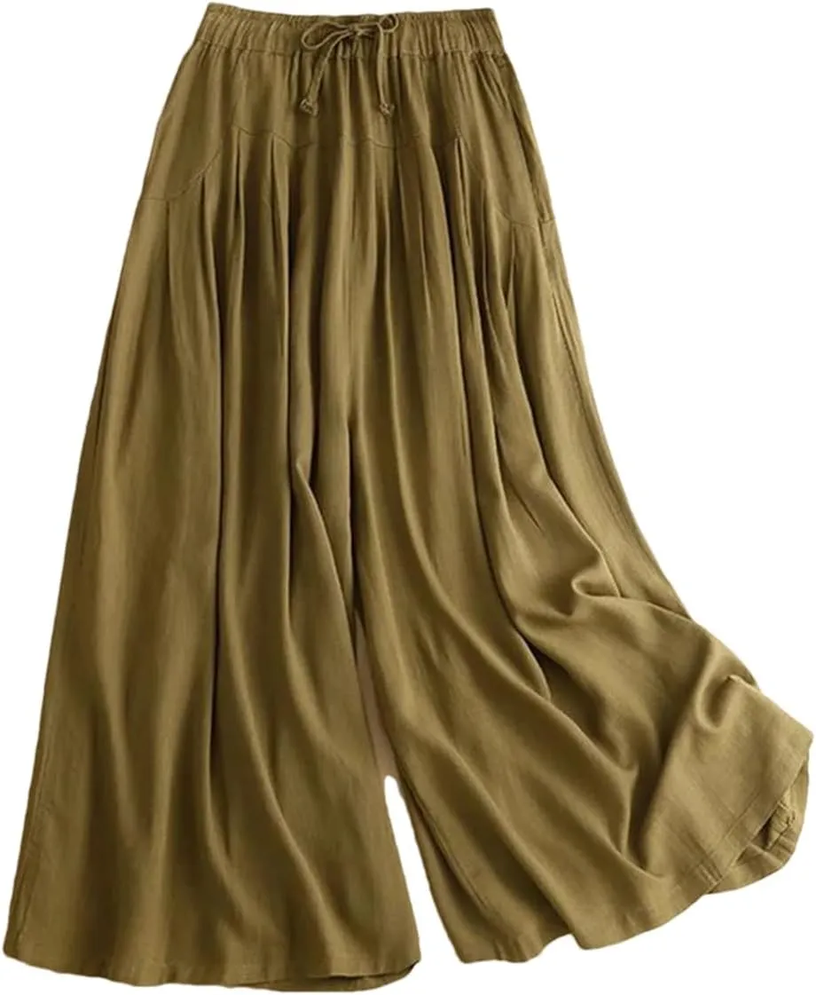 Bciopll Women's Summer Retro Cotton Linen Casual Pants Loose Wide-Leg Skirt Pants Solid Color Trousers with Pockets