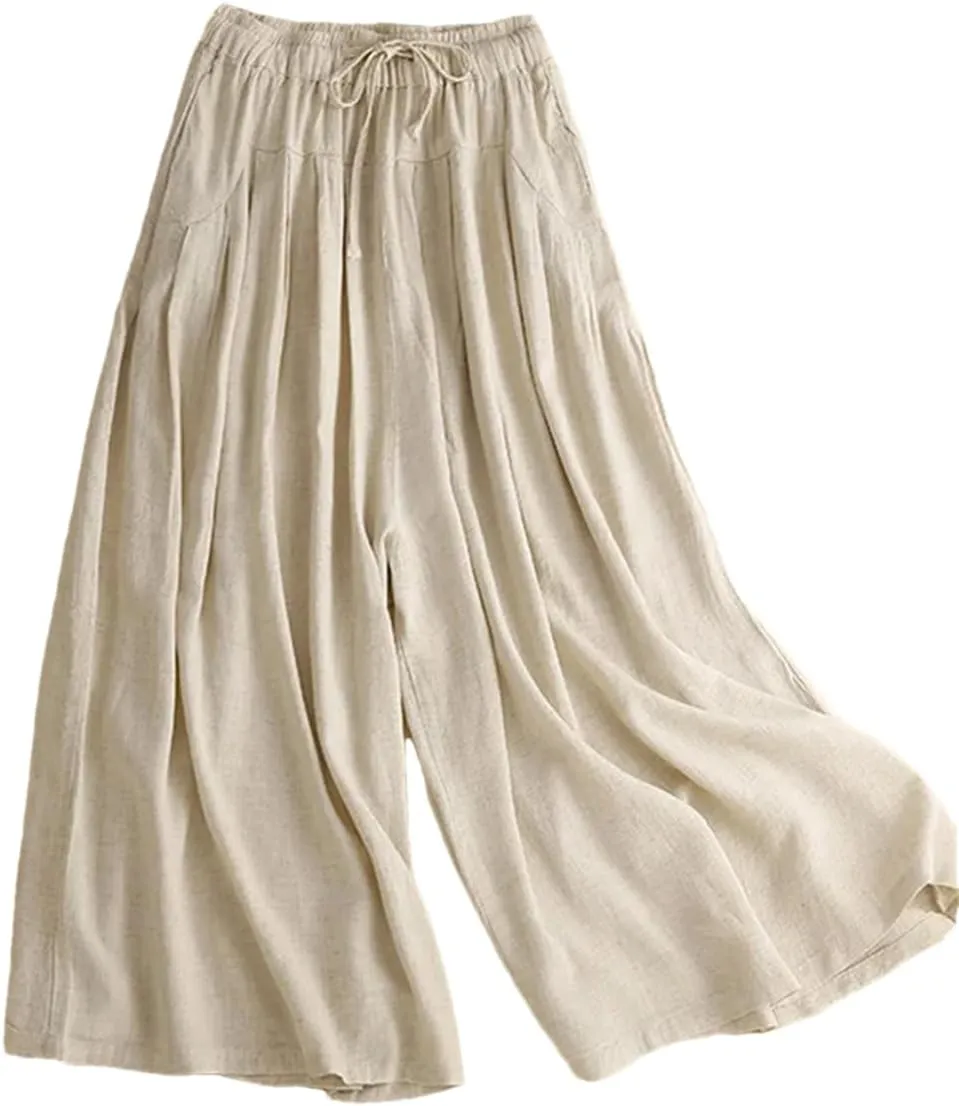 Bciopll Women's Summer Retro Cotton Linen Casual Pants Loose Wide-Leg Skirt Pants Solid Color Trousers with Pockets