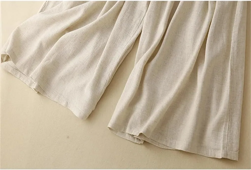 Bciopll Women's Summer Retro Cotton Linen Casual Pants Loose Wide-Leg Skirt Pants Solid Color Trousers with Pockets