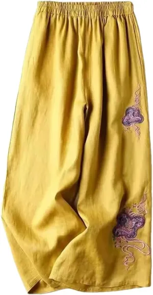Bciopll Women's Summer Wide Leg Pants Ladies High Waist Cotton Linen Casual Trousers Embroidery Pants
