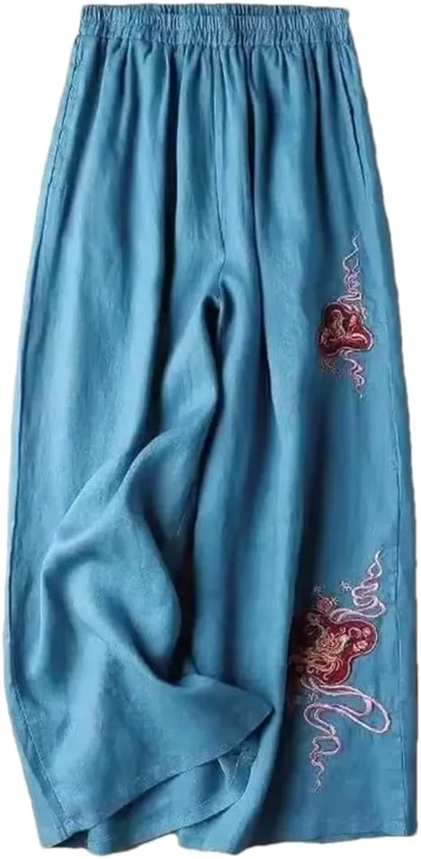 Bciopll Women's Summer Wide Leg Pants Ladies High Waist Cotton Linen Casual Trousers Embroidery Pants