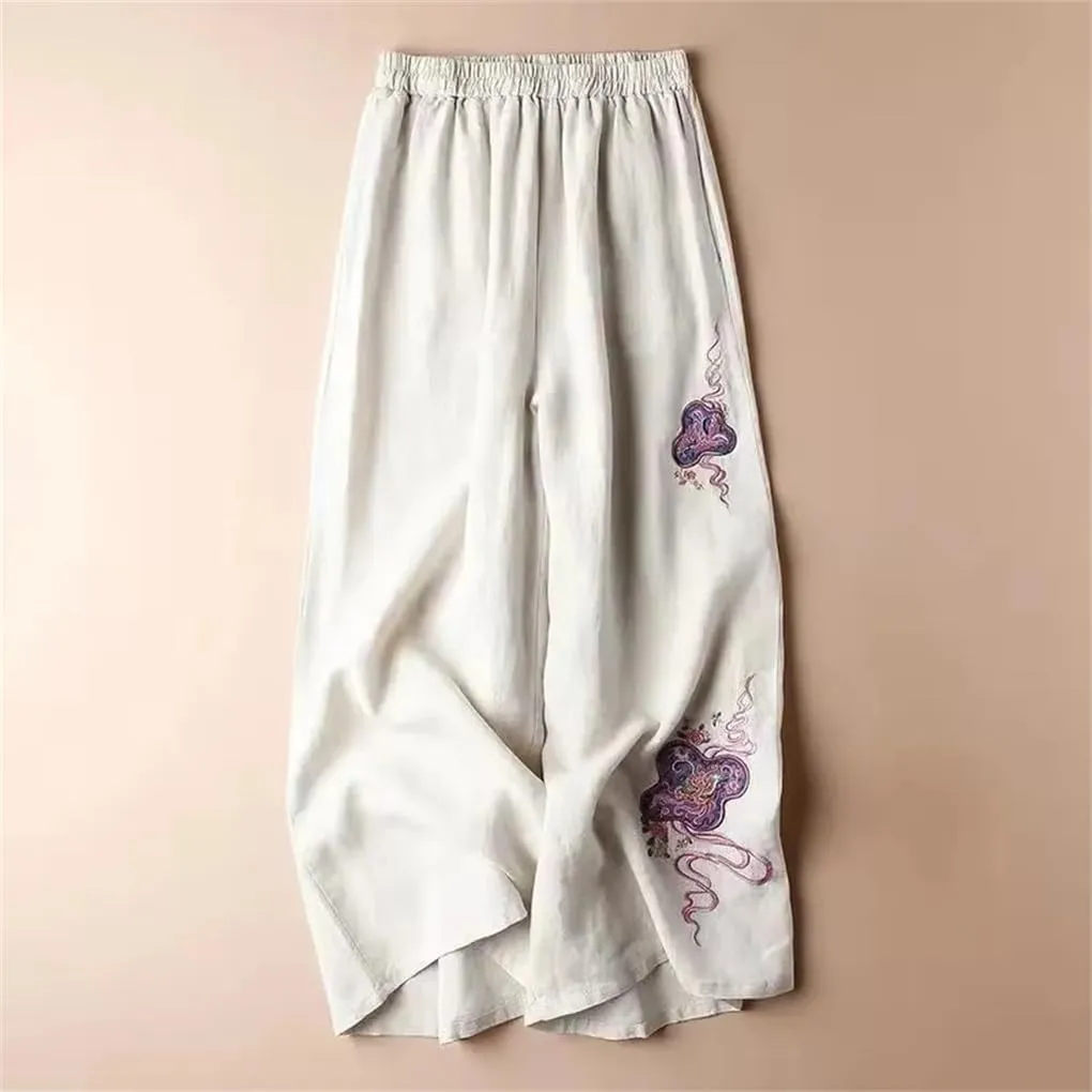 Bciopll Women's Summer Wide Leg Pants Ladies High Waist Cotton Linen Casual Trousers Embroidery Pants