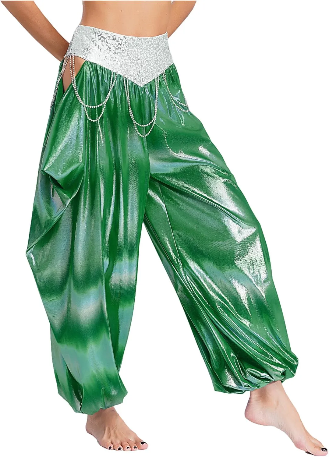 Belly Dance Harem Pants for Women Metallic Loose Bloomers Trousers Cutout Lantern Pants Clubwear