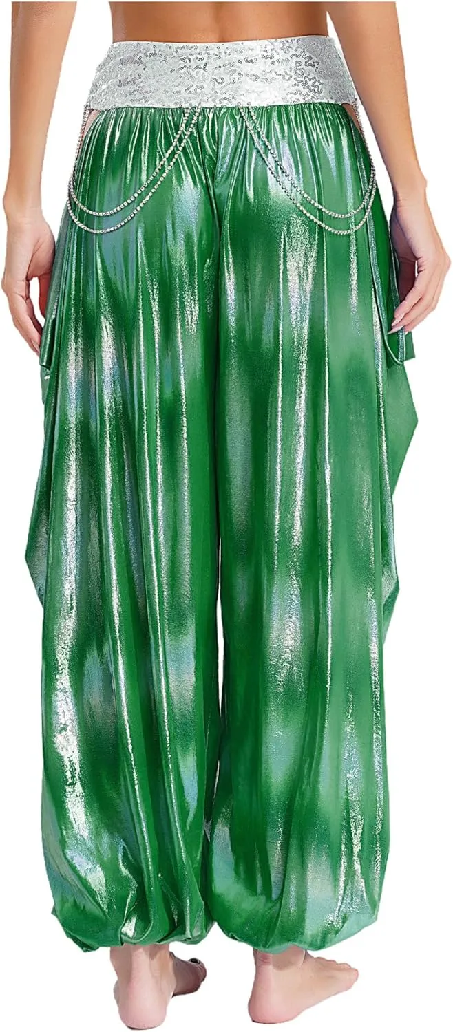 Belly Dance Harem Pants for Women Metallic Loose Bloomers Trousers Cutout Lantern Pants Clubwear