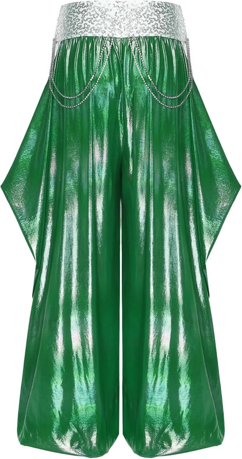 Belly Dance Harem Pants for Women Metallic Loose Bloomers Trousers Cutout Lantern Pants Clubwear