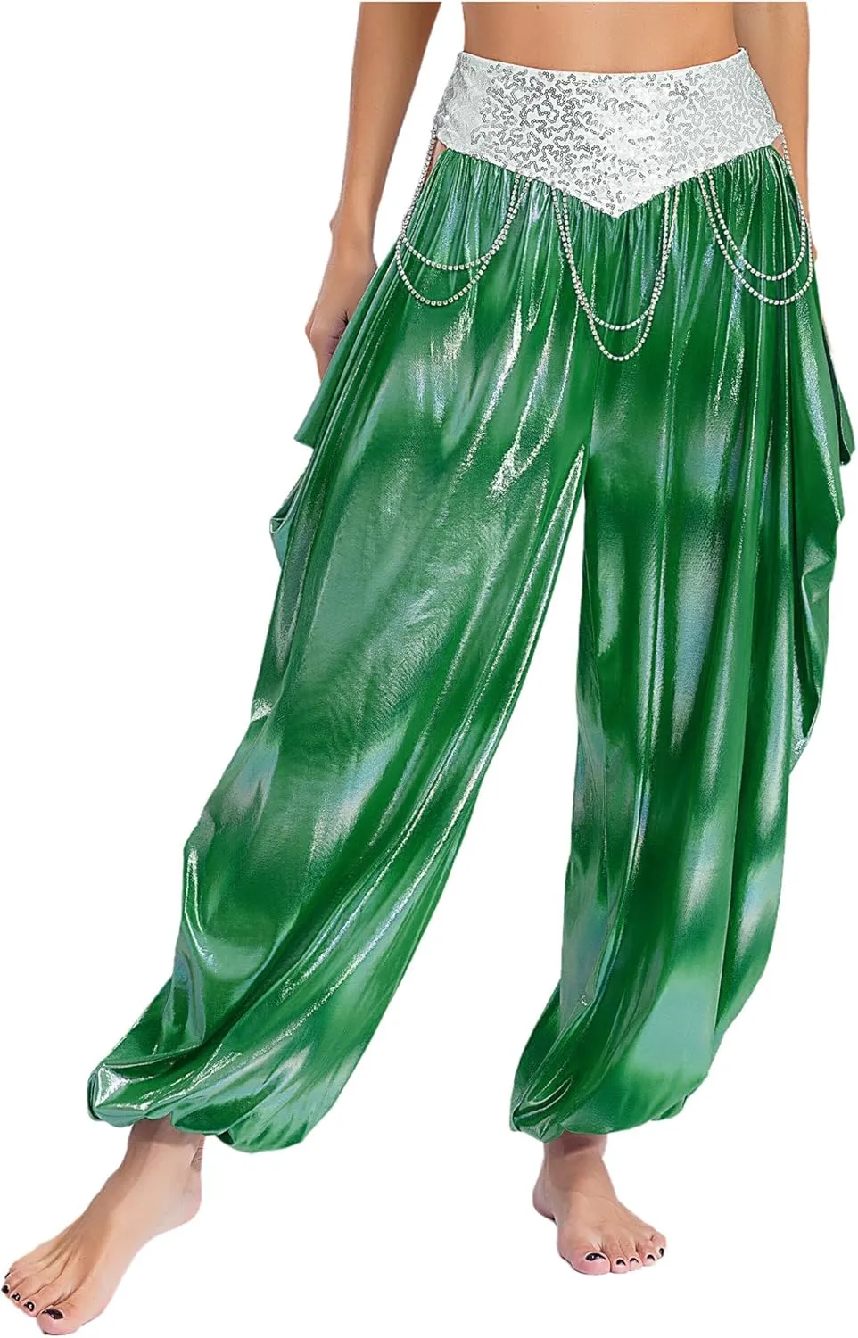 Belly Dance Harem Pants for Women Metallic Loose Bloomers Trousers Cutout Lantern Pants Clubwear
