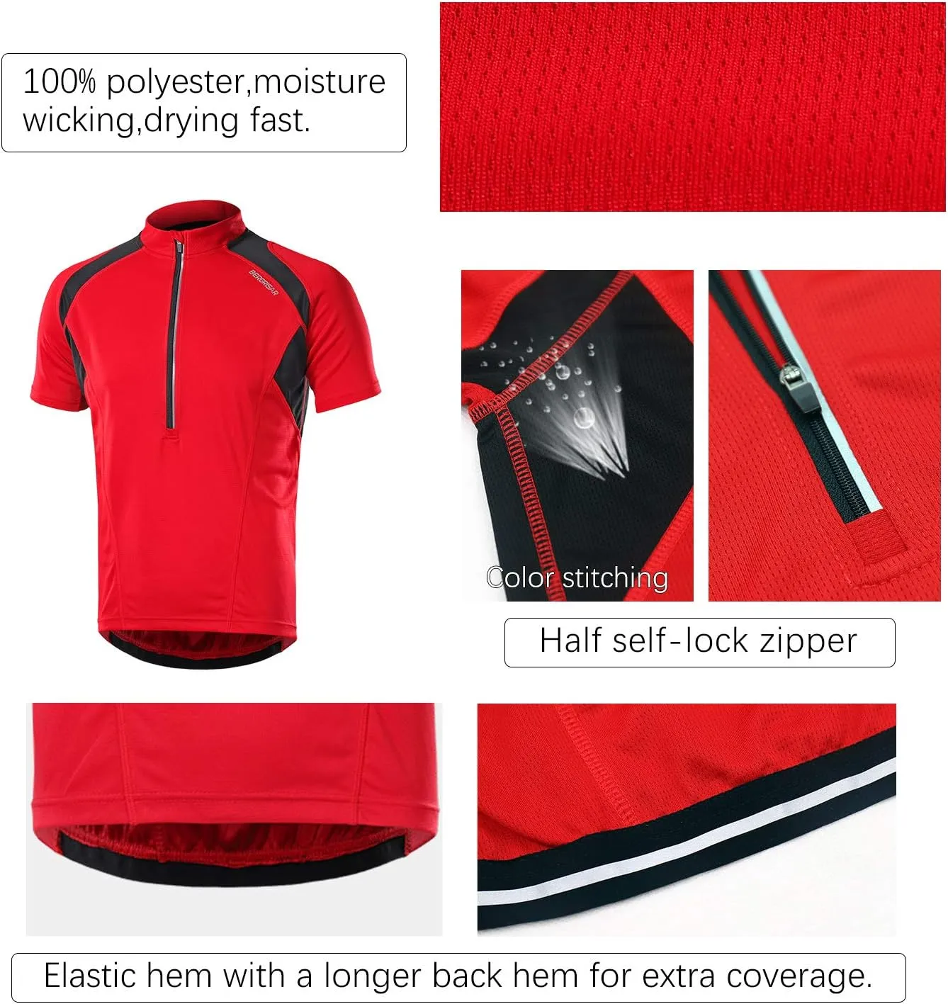 BERGRISAR Men's Half Zipper Cycling Jersey Short Sleeves Bike Bicycle Shirts with Zipper Pocket Quick-Dry Breathable BG060