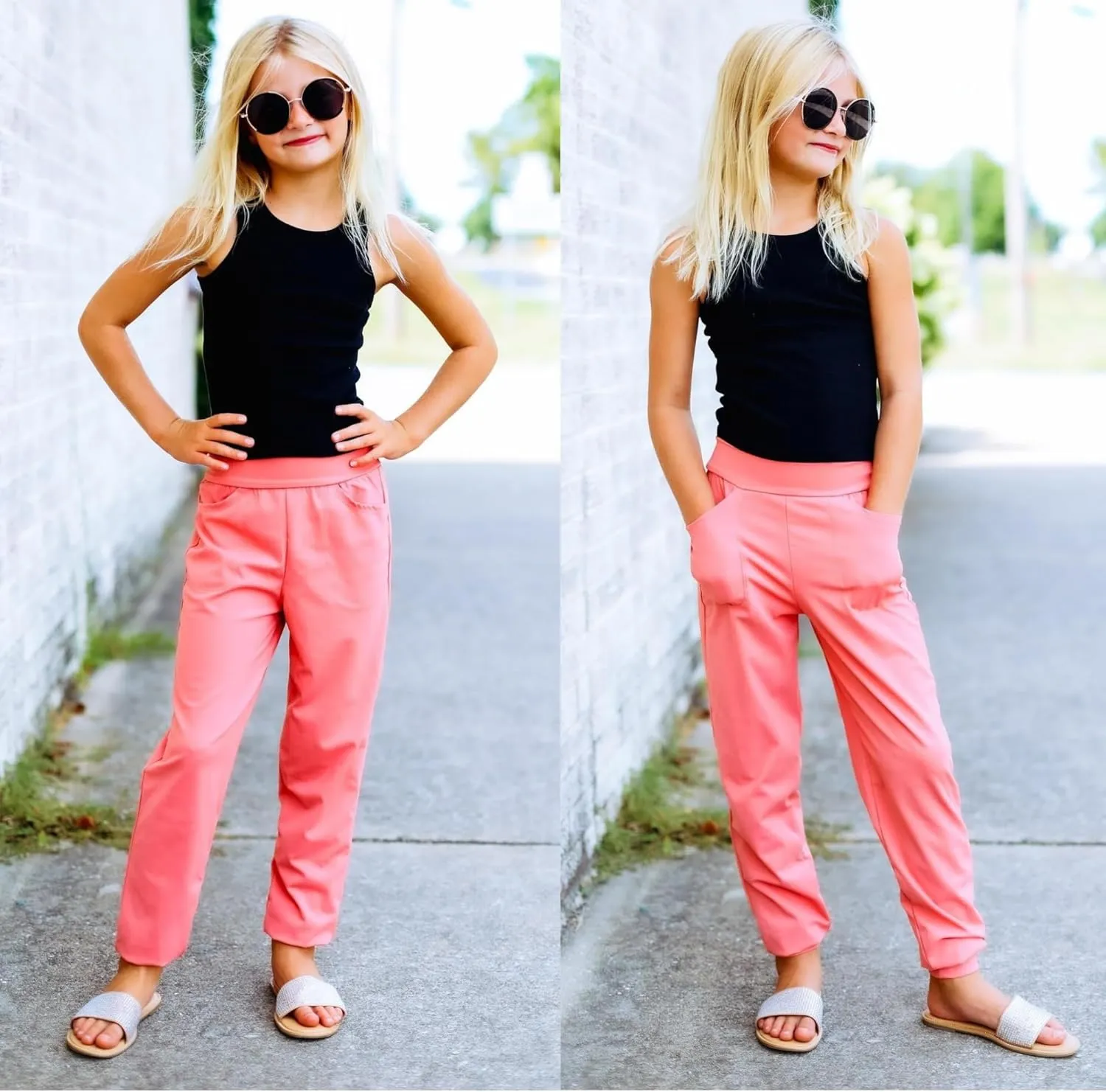 BIG ELEPHANT 3 Pack Girls Joggers with Pockets, High Waisted Kids Athletic Pants for Yoga Running