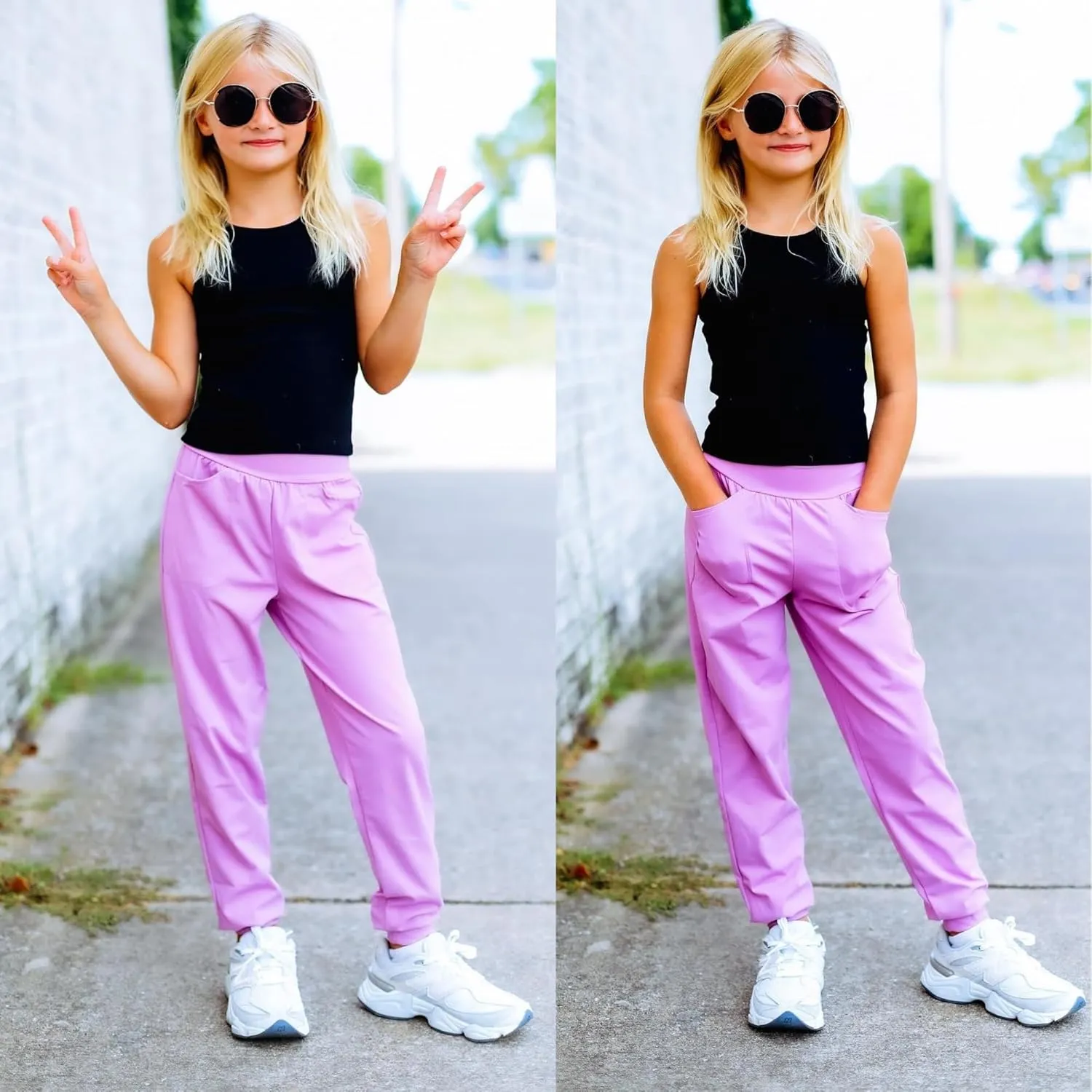 BIG ELEPHANT 3 Pack Girls Joggers with Pockets, High Waisted Kids Athletic Pants for Yoga Running