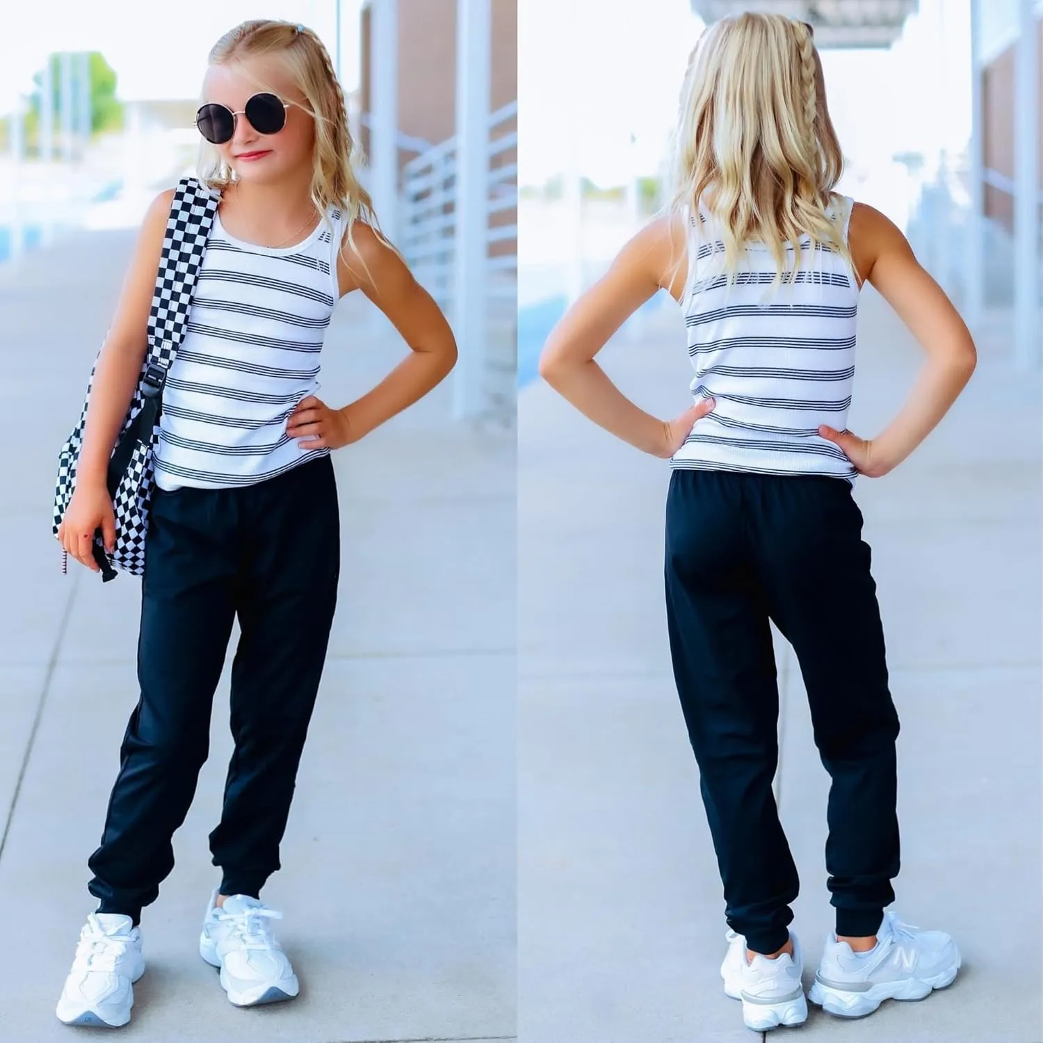 BIG ELEPHANT 3 Pack Girls Joggers with Pockets, High Waisted Kids Athletic Pants for Yoga Running