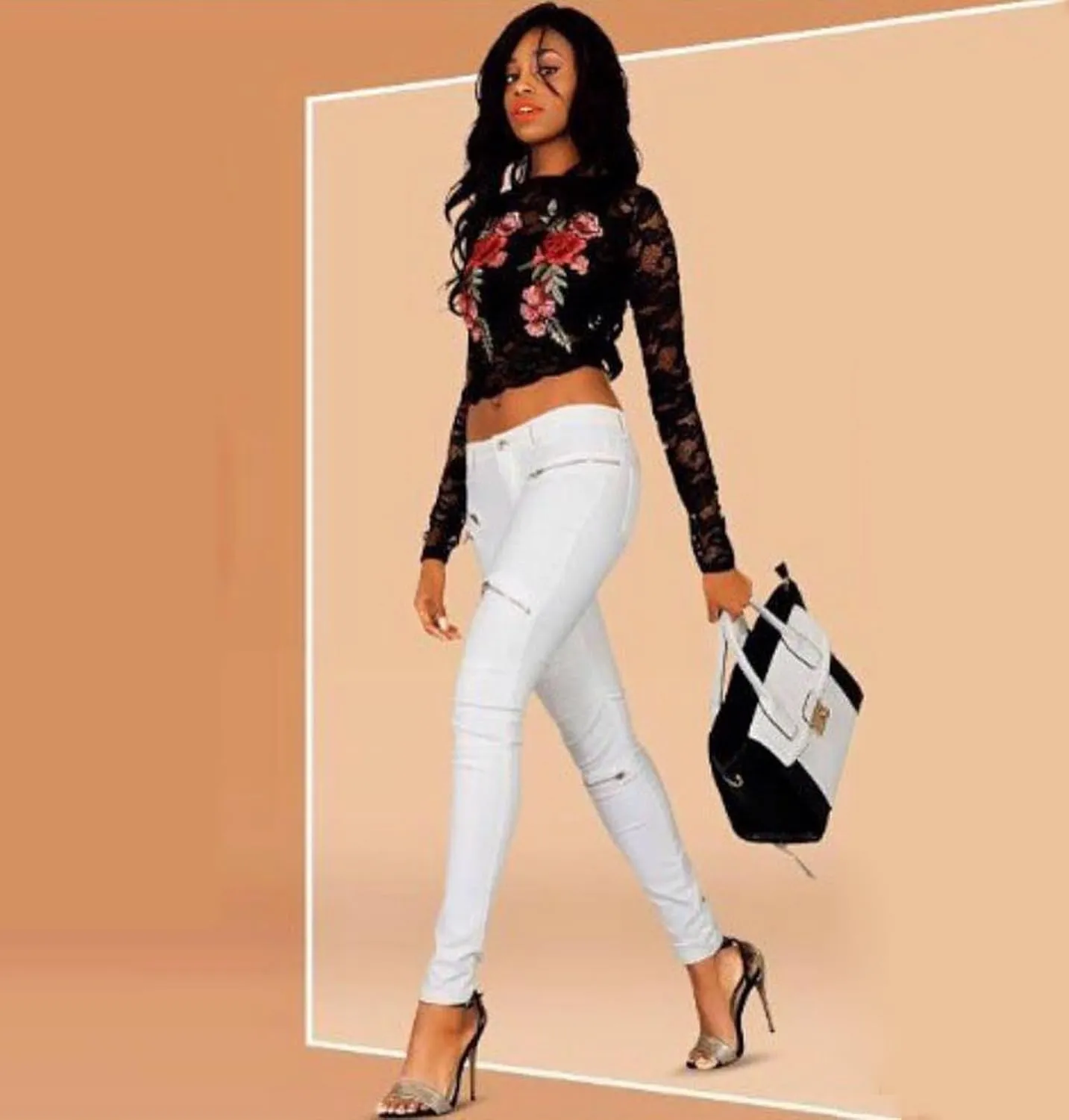 Black Pants PU Leather Coated Denim Pants for Women Sexy Tight Stretchy Rider Leggings