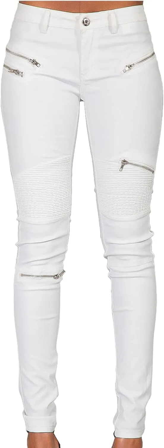 Black Pants PU Leather Coated Denim Pants for Women Sexy Tight Stretchy Rider Leggings