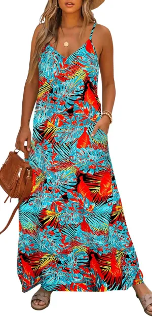 Bluetime Women Summer Spaghetti Strap Maxi Dress V-Neck Sleeveless Flowy Boho Floral Beach Long Dress with Pockets