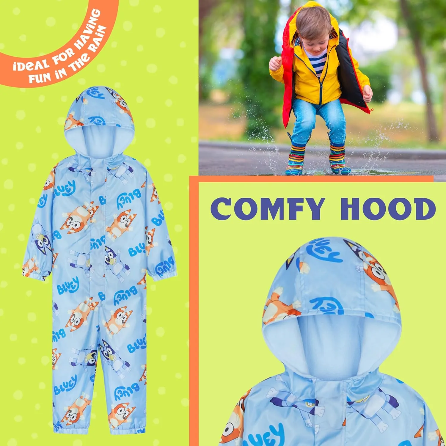 Bluey Girls Rain Suit, Coverall Waterproof Rain Jacket, Breathable Kids Mud Suit with Hood Fleece Lined, Gifts for Kids