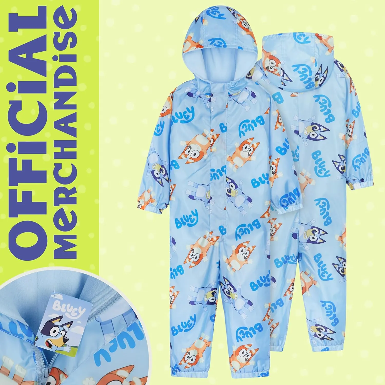 Bluey Girls Rain Suit, Coverall Waterproof Rain Jacket, Breathable Kids Mud Suit with Hood Fleece Lined, Gifts for Kids