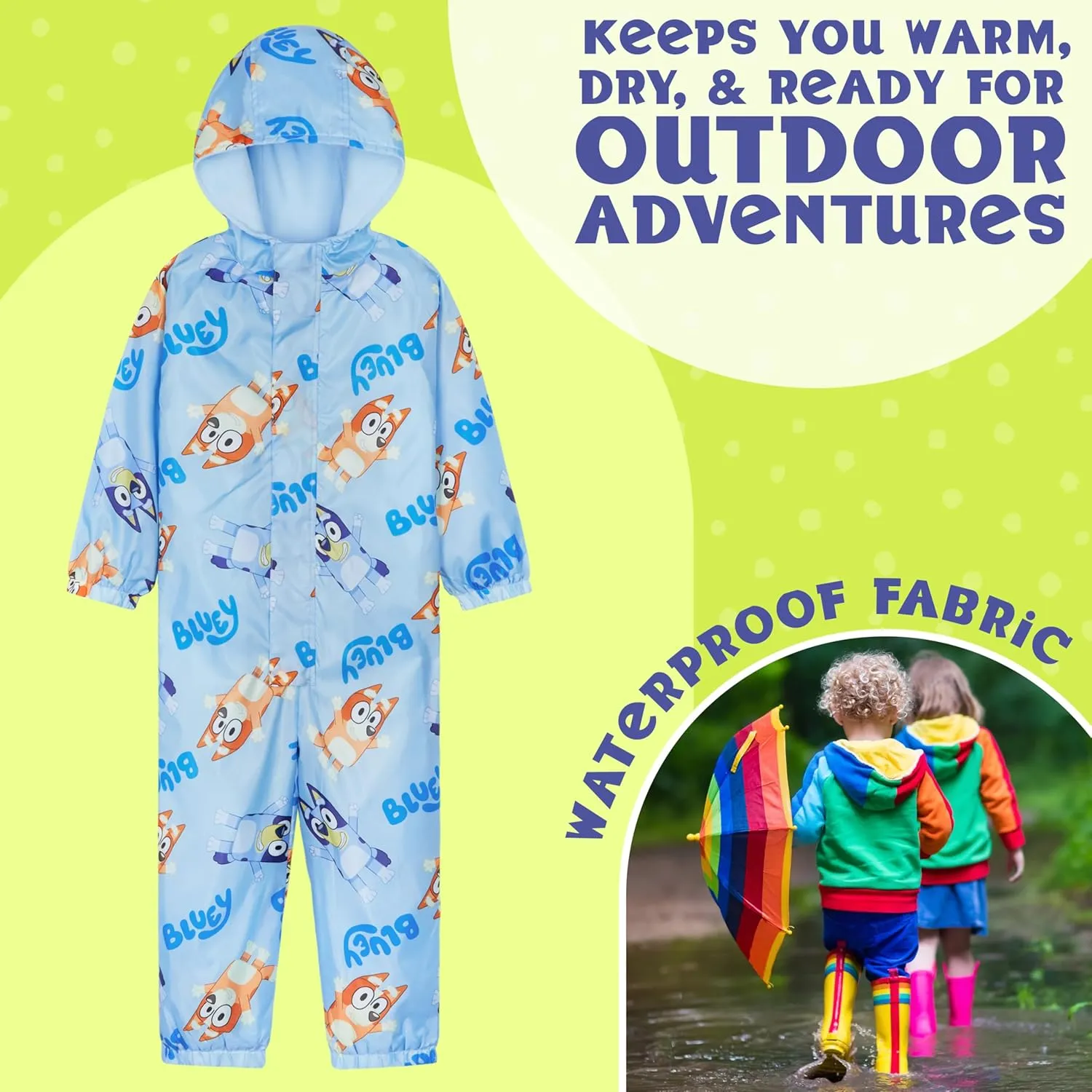Bluey Girls Rain Suit, Coverall Waterproof Rain Jacket, Breathable Kids Mud Suit with Hood Fleece Lined, Gifts for Kids