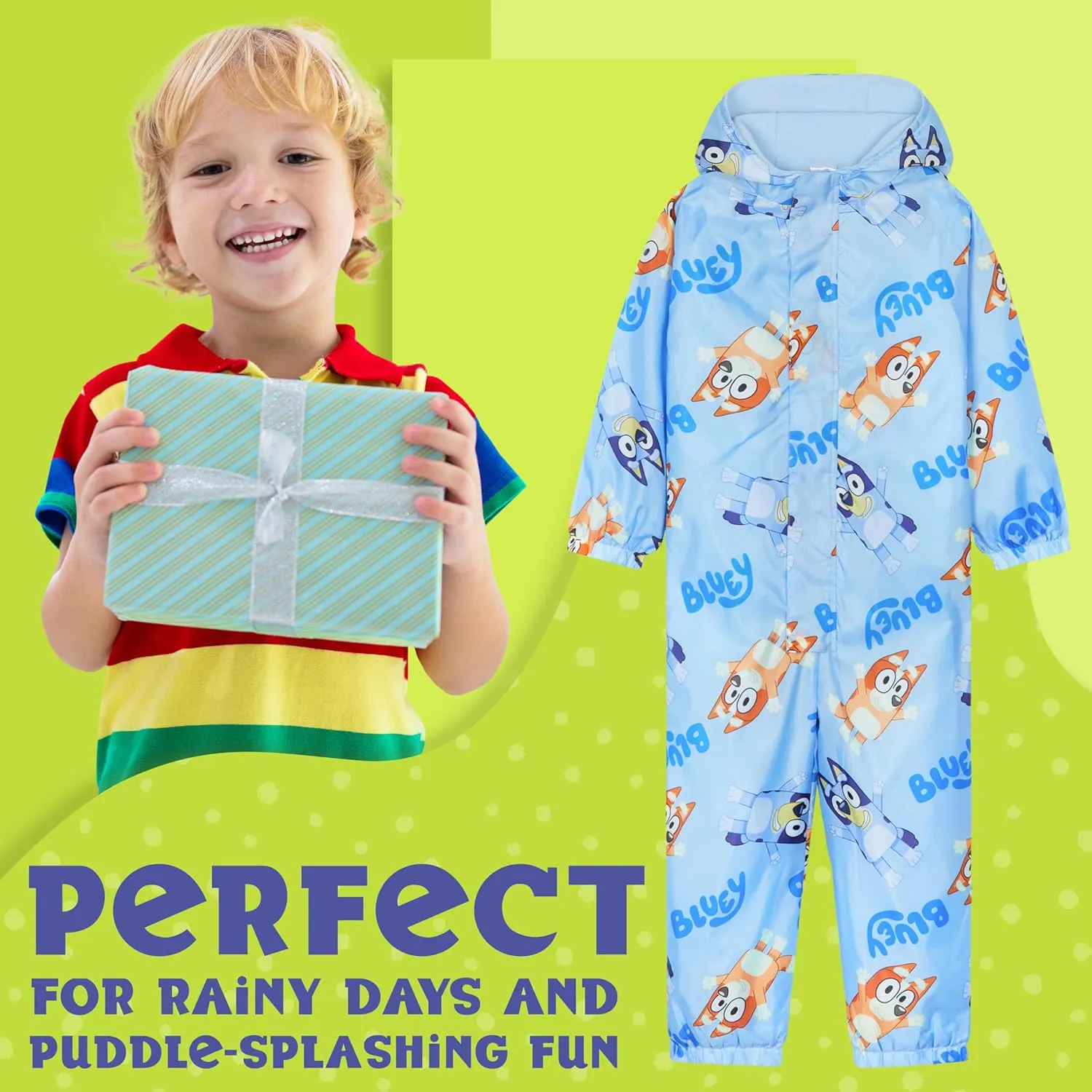Bluey Girls Rain Suit, Coverall Waterproof Rain Jacket, Breathable Kids Mud Suit with Hood Fleece Lined, Gifts for Kids