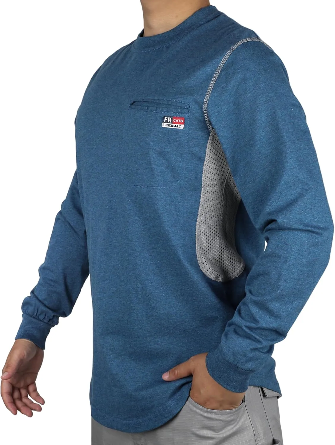 BOCOMAL FR Shirts for Summer Breathable Vented Design 6oz Heather Jersey Flame Resistant Long Sleeve Crew T Shirt
