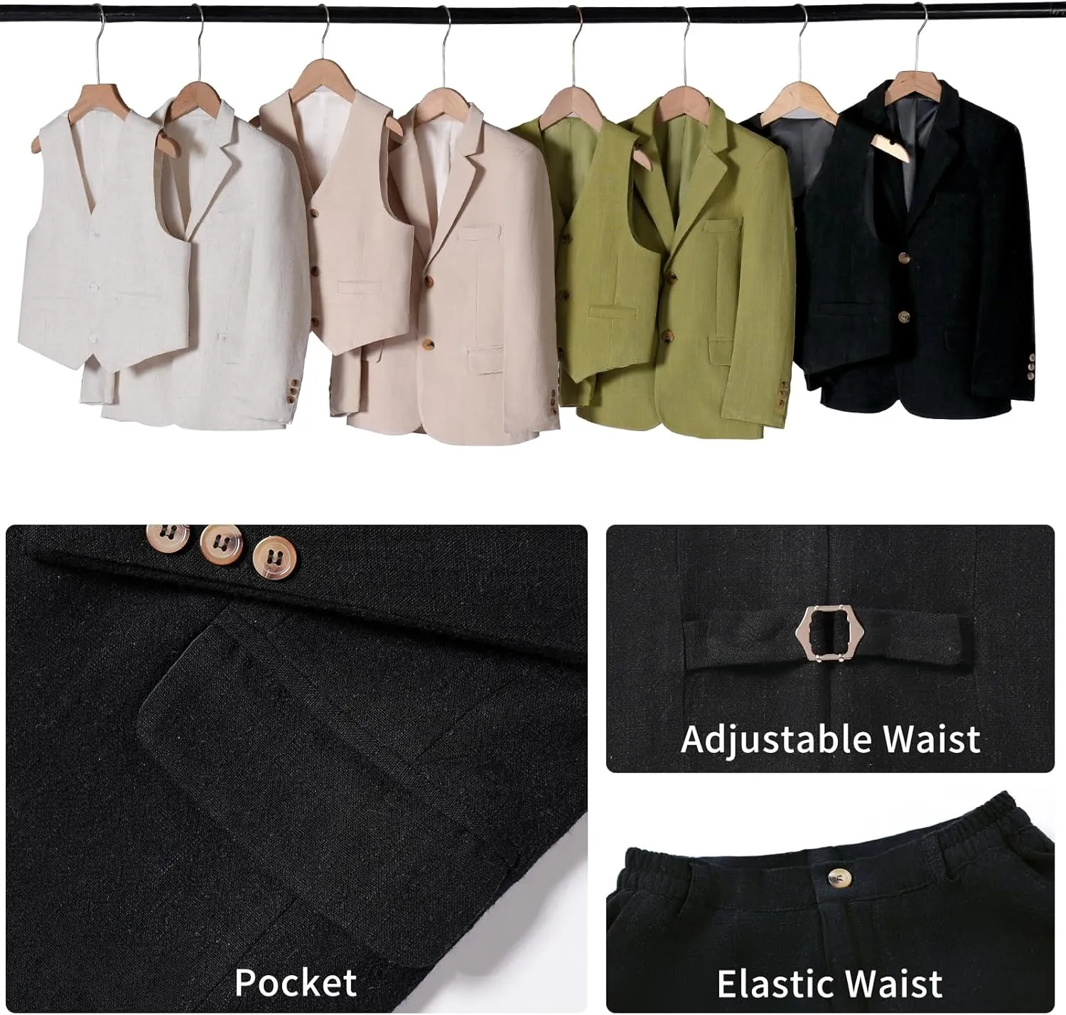 Boys Suit Linen Breathable 3 Piece Summer Slim Fit Kids Linen Suit Teen Blazer Vest Pant Set